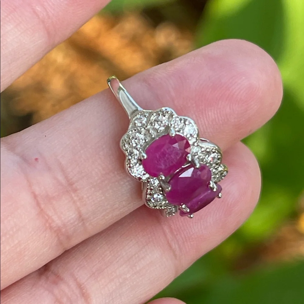 NWT Natural Ruby 3 stone (7X5mm each) Ring w/ CZ accents in 925 Silver Size 6.5